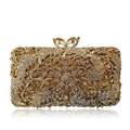 Golden hollow metal evening clutch with floral crystal patterns and a butterfly clasp - Gold / White Zirconia
