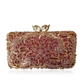 Luxury pink crystal evening clutch bag with gold hollow floral metal and bow clasp - Pink