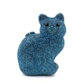 Detail einer Katzen-Abendtasche mit saphirblauen Kristallen und schwarzen Diamantaugen - Dunkelblau
