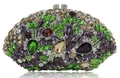 Pochette de soirée ovale de luxe avec cristaux multicolores et motifs floraux en bijoux - Base Argent Violet Vert