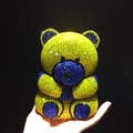 Detail of bear evening clutch bag with handcrafted yellow and blue crystal rhinestones - Yellow Bear