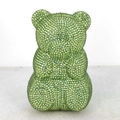 Detailed close-up of a luxury bear evening bag with sparkling green rhinestones - Green Standing Bear