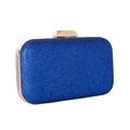 Detailed side view of deep blue glitter evening clutch with elegant gold metal frame - Blue