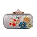 Silver glitter evening clutch with colorful 3D resin flowers, pearls and a jewelry bird - Silver