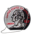 Round coin-themed evening clutch bag encrusted with black and silver rhinestones - Black