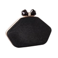 Detail of sparkly black sequin evening clutch with large crystal bow clasp closure - Black
