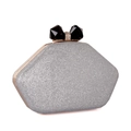 Lip-shaped glitter evening clutch bag with black gemstone bow clasp and chain strap - Silver