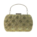 Detailansicht der goldenen Abendtasche mit Pailletten-Stickerei und Metallgriff - Gold