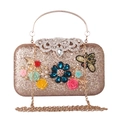 Borsa da sera champagne con fiori in resina, perle, motivo ad ape e manico oro - Oro champagne