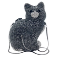 Pochette chat ornée de cristaux noirs et strass argentés avec chaîne métallique - Noir avec Nez Blanc