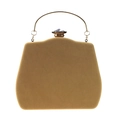 Detail of velvet gourd clutch with gold circular handle and crystal rhinestone clasp - Camel