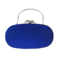 Elegant blue glitter oval evening clutch bag with gold handle and rhinestone bow clasp - Blue