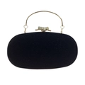 Elegant black oval clutch bag with diamond bow clasp and gold metal circular handle - Black