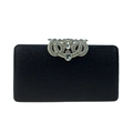 Close-up of crystal-encrusted crown metal clasp on a sparkling sequin clutch bag - Black