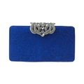 Detailed view of dark blue sequined clutch with silver rhinestone crown clasp - Blue