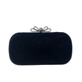 Macro detail of black evening clutch with mesh texture and crystal bow clasp closure - Black