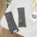 Detailaufnahme grauer Rippstrick-Handschuhe ohne Finger mit Markenlabel für den Winter - Grau