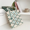 Close-up of knit tote bag with green geometric patterns and soft woven texture details - Beige Hourglass Grid Flower (2) / 22cmx25cmx12cm