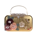 Golden evening clutch bag with silk flowers, crystal bee accents, and metallic handle - Gold