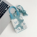 Detail of teal knit mini bag with cute smiling cloud patterns and woven shoulder strap - Blue Cloud Emoji (13 Metal Buckle)