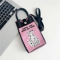Detail of knitted mini bag featuring pink and black dog pattern with shoulder strap - Glasses Dog Pink Black (14 Metal Buckle)