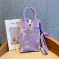 Detail of purple knitted phone bag with green floral patterns and metal snap closure - Purple Large Flower (17 Metal Buckle)