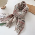 Close-up of thick beige plaid scarf with tassel details and branded woven label - 47*200cm (Including Tassels) / 1K Korean Style Large Plaid Beige
