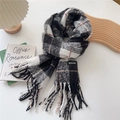 Detail shot of a long plaid tassel scarf with a black, white and grey checkered pattern - 47*200cm (Including Tassels) / 2K Korean Style Large Plaid Black
