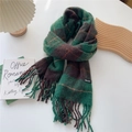 Detail of soft green and brown plaid scarf featuring long tassels and woven label - 47*200cm (Including Tassels) / 4K Korean Style Large Plaid Green
