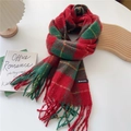 Detail of red and green plaid scarf featuring long tassels and woven fabric texture - 47*200cm (Including Tassels) / 3K Korean Style Large Plaid Red