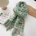 Detail of green and beige plaid knit scarf with fluffy tassels and minimalist logo tag - 50*205cm (With Tassels) / Green and White Plaid