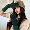 Detail of dark green knit gloves with faux fur trim and khaki stitched beanie hat - One Size / Dark Green