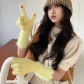 Detail of yellow knit gloves with open fingertips for touchscreens and plush wrist trim - One Size / Yellow