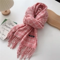Detail of soft pink and white plaid scarf featuring long tassels and woven brand label - 50*205cm (With Tassels) / Pink White Plaid