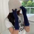 Detail of long dark blue faux fur knitted gloves with fuzzy cream plush bucket hat - One Size / Navy Blue