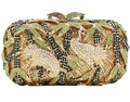Golden evening clutch bag with colorful rhinestones featuring cranes and bamboo patterns - Golden Base Cranes Bamboo Full Rhinestone Style
