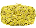 Elegant clutch bag in vibrant yellow crystal flower pattern with gold leaf clasp - Yellow 3D Floral Full Rhinestone Oval Style (71)