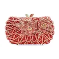 Elegant red rhinestone evening clutch bag with 3D rose design and golden leaf clasp - Bright Red 3D Rose Full Rhinestone Style (76)