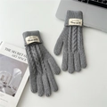 Detailed knit texture of gray winter gloves with stylish folded cuffs and brand label - Gray