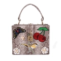 Sac à main effet serpent avec broderie oiseau et fleurs de perles sur fermoir - Style Oiseau-Gris Kaki (699A-3)
