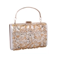 Macro shot of silver satin evening bag with gold floral hollow metal and white rhinestones - Silver