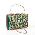 Emerald green evening clutch bag with gold floral hollow metal and crystal inlay - Green