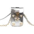 Silver metallic crossbody phone bag with pearl flower accents and gold chain strap - Silver (Two Straps)