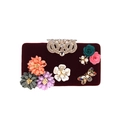 Burgundy velvet evening clutch with colorful 3D flowers, pearls and crystal bee buckle - Burgundy
