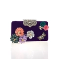 Purple velvet evening clutch with 3D floral accents and a sparkling diamond bee detail - Purple