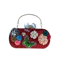 Pochette da sera in raso rosso con fiori 3D, farfalla di paillettes e manico dorato - Rosso