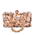 Detail of rose floral evening clutch with diamond-encrusted rose metal clasp and gold chain - Champagne