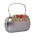 Bolso de noche de cuero PU plateado con flores de diamantes de imitación y asa metálica - Plateado