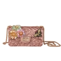 Detail of floral embossed silicone crossbody bag with 3D flowers and bee charm - Pink