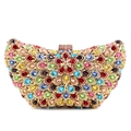 Bolso de fiesta de lujo en metal calado con cristales de colores y diseño de pluma - Dorado Circón Multicolor
